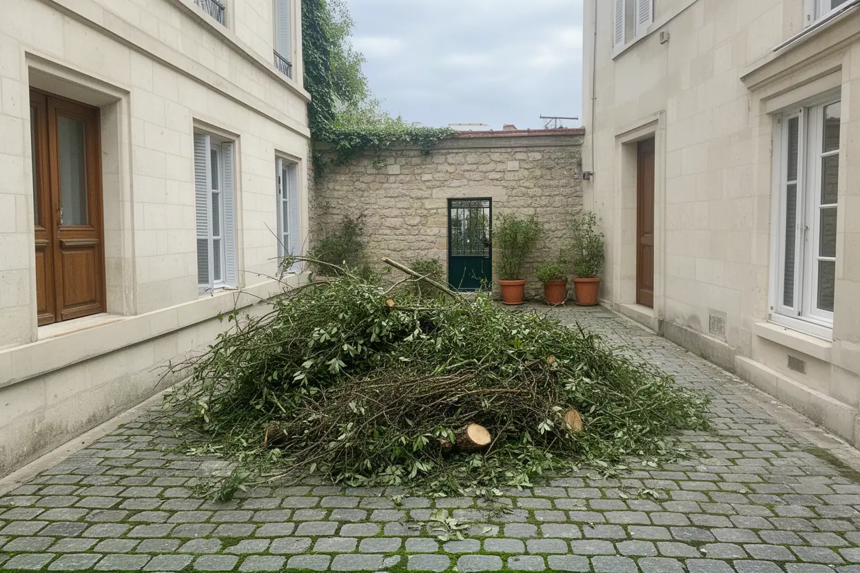 Branches et feuillage accumulés dans une cour avant intervention à Nancy
